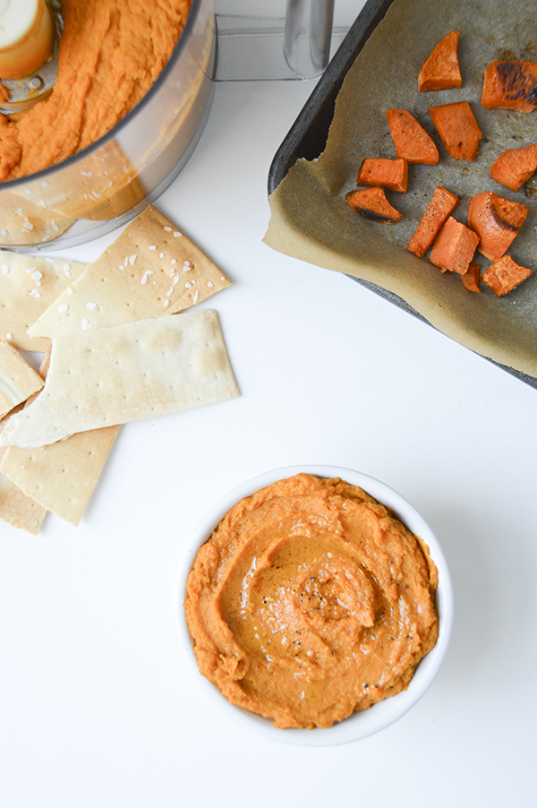 This roasted sweet potato hummus is a delicious twist on the traditional. Use it as a dip or sandwich spread.