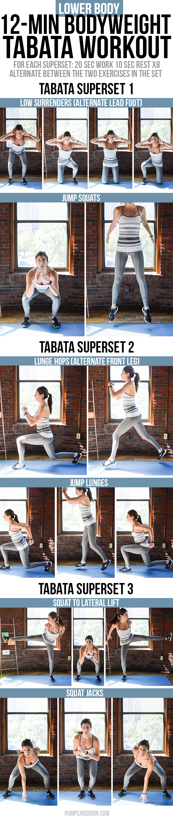 12-Minute Bodyweight Tabata Workout for Legs & Butt -- this workout is broken up into three 4-minute tabata supersets