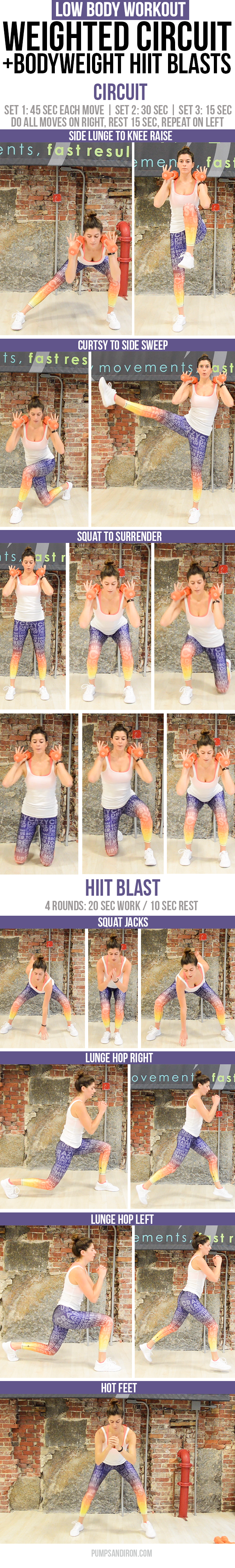 Low Body Circuit Workout with HIIT Blasts - you'll just need a set of weights and 15 minutes! (video included if you want to follow along at home)
