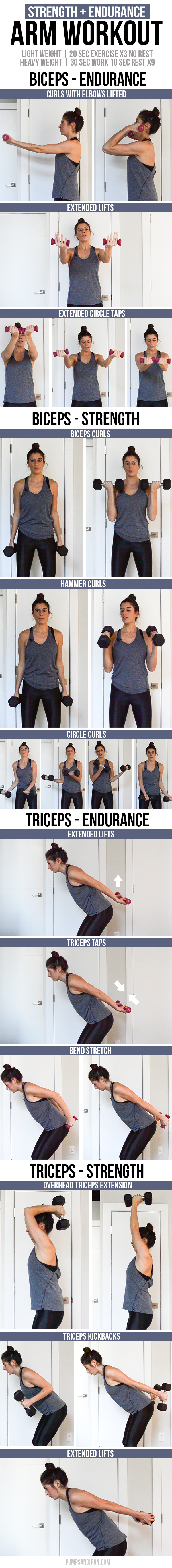 Arm Workout (Biceps + Triceps) - This workout challenges both strength and endurance by using light weights with high reps for a burn-out and following that up with heavier dumbbell exercises