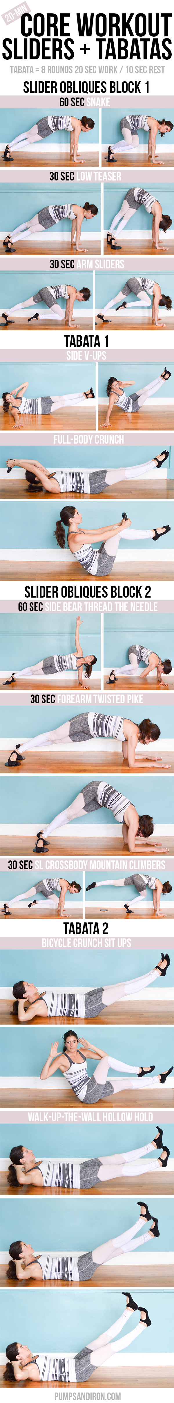 In this 20-minute core workout you'll alternate between slider blocks and tabata intervals.