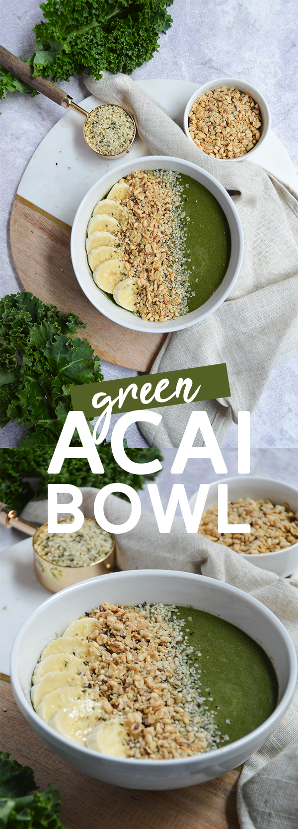 Kale & Spinach Acai Bowl - This green acai bowl is topped with granola and makes for the perfect breakfast! #vegan #plantbased #acaibowl #smoothiebowl #acai