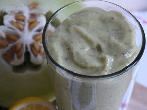 melon avocado smoothie with frozen pineapple, flaxseed, chia seed and hemp seed