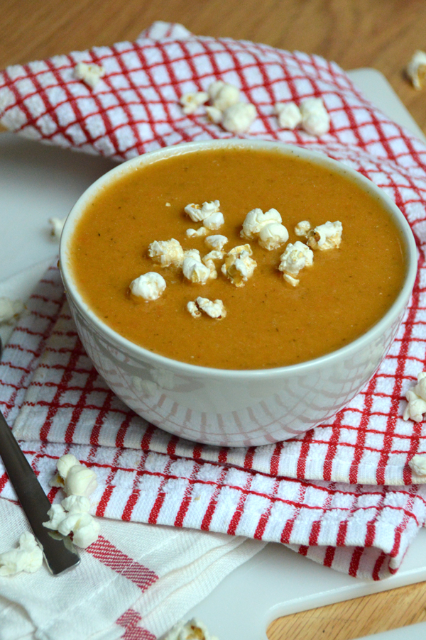 Crock Pot Tomato Soup with Popcorn “Croutons” | Pumps & Iron