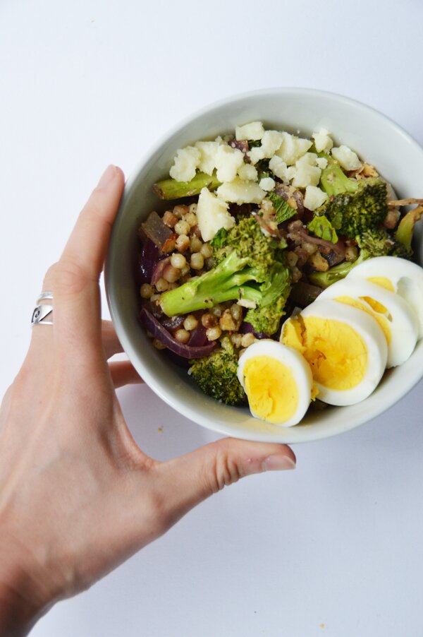 Roasted Broccoli & Fregola Salad with Hard-Boiled Eggs & Tahini Dressing