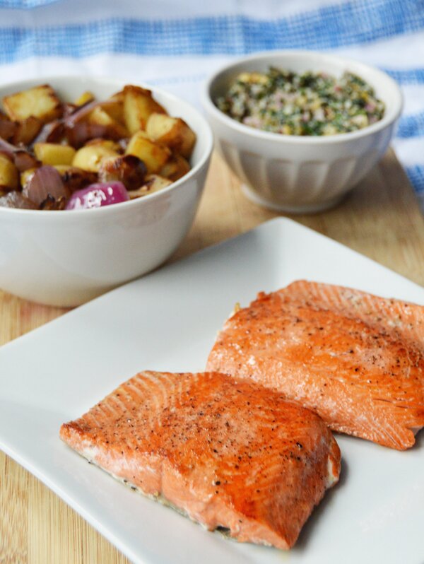 Seared Salmon with Spinach & Walnut Pesto