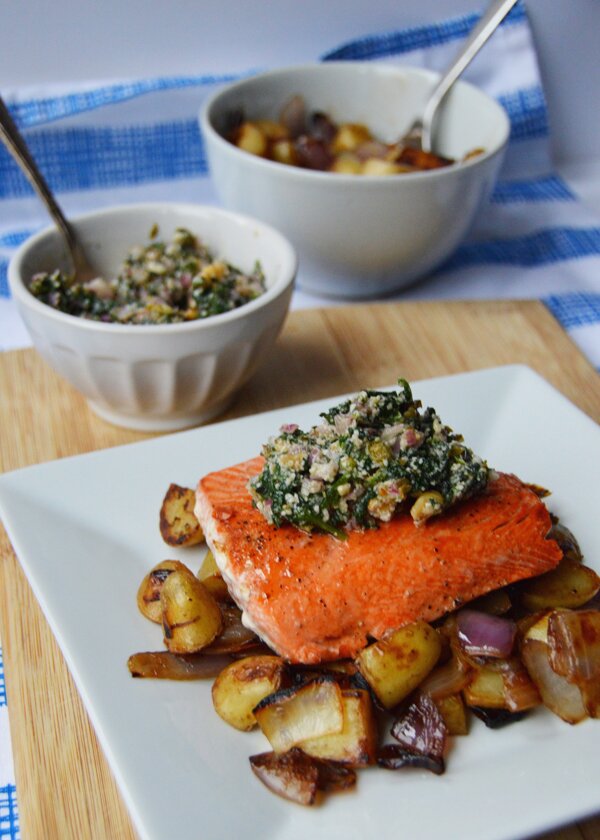 Seared Salmon with Spinach & Walnut Pesto