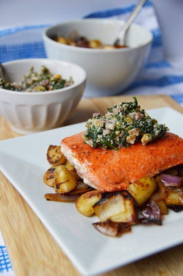 Seared Salmon with Spinach & Walnut Pesto