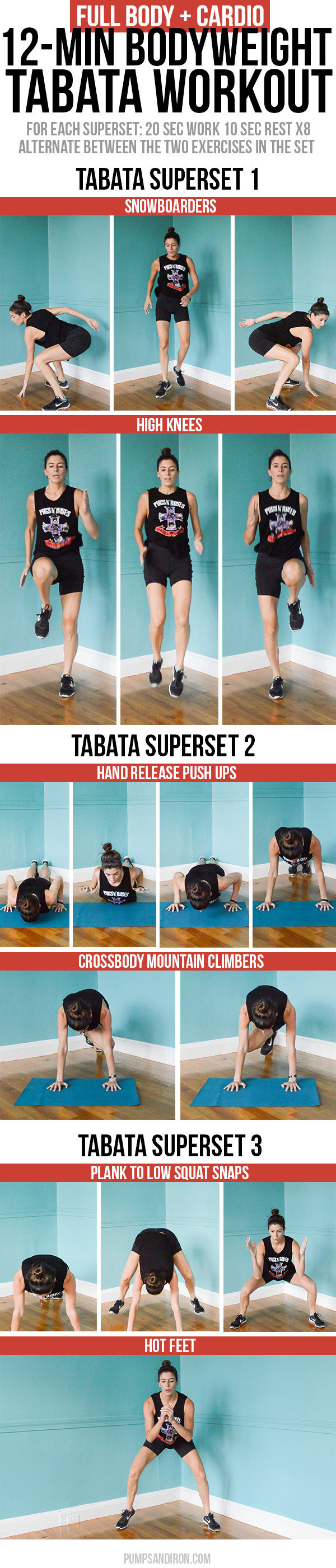 Bodyweight Tabata Workout: Total Body + Cardio - This 12-minute workout is broken up into three tabata supersets. Video included so you can follow along at home! #tabata #tabataworkout #bodyweightworkout #athomeworkout #intervaltraining #hiit