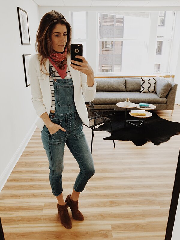 Bandana scarf with overalls and a blazer
