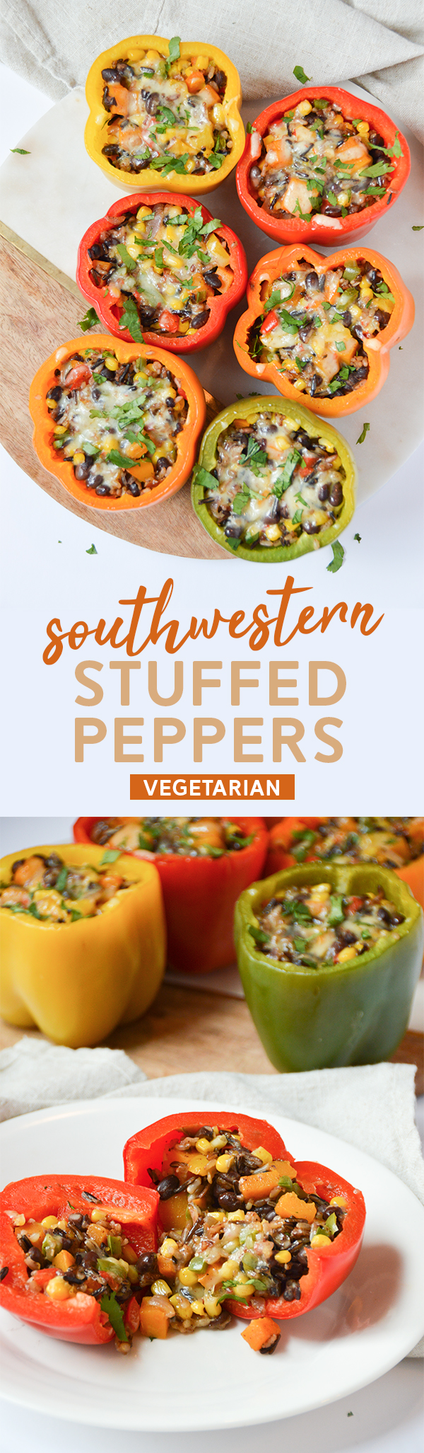 Southwestern Stuffed Bell Peppers - This delicious recipe is packed with flavor and vegetarian (or easily vegan). Try it this week! #vegetarian #recipe #plantbased #stuffedpeppers #southwestern