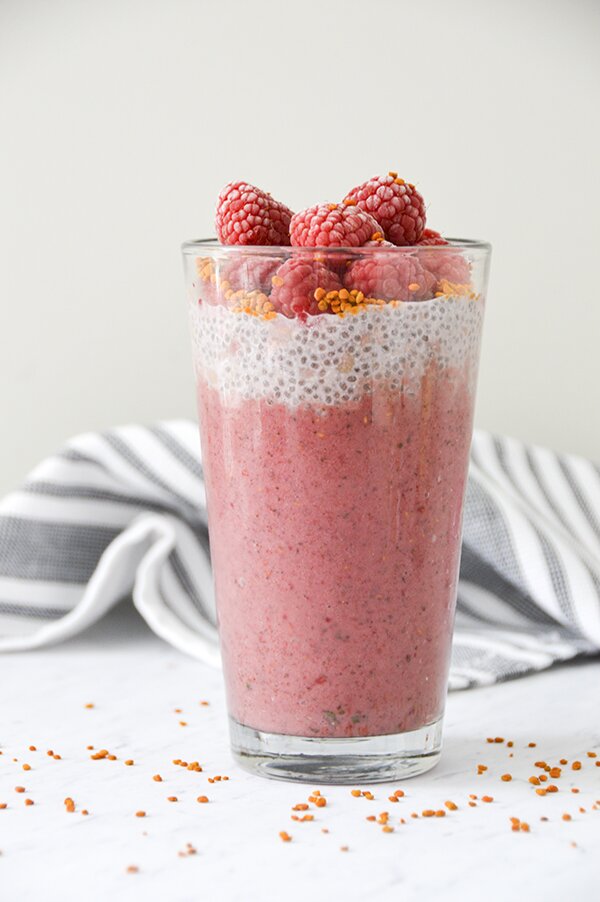 Slurp down this raspberry mint chia seed pudding smoothie with a straw ... then a spoon!