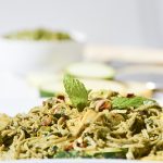 This mint pesto edamame pasta with summer squash recipe makes for a delicious dinner! Gluten-free and vegan.