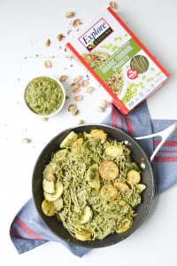 This mint pesto edamame pasta with summer squash recipe makes for a delicious dinner! Gluten-free and vegan.