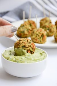 These chickpea veggie fritter bites with avocado dipping sauce make for a great snack or appetizer. I also like adding them to salads and Buddha bowls. 