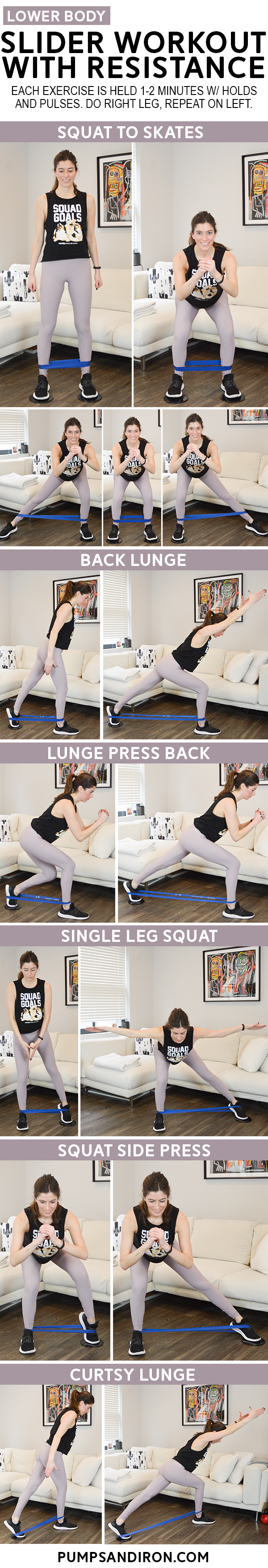 Lower Body Slider Workout with Resistance Bands - This low-impact workouts packs a major burn! You'll need sliders and a resistance band loop. Video included so you can follow along at home! pumpsandiron.com #workout #fitness