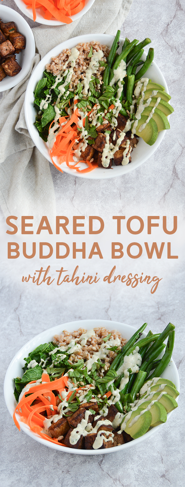 Seared Tofu Buddha Bowl with Tahini Dressing - a delicious plant-based meal! You'll want to drizzle the tahini dressing on everything! #vegan #plantbased #recipe #foodblog https://pumpsandiron.com