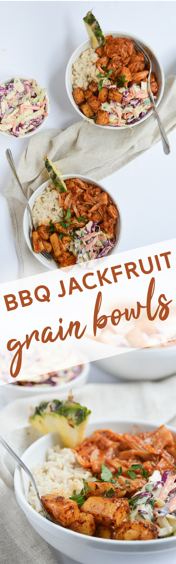 BBQ Jackfruit Grain Bowls - shredded bbq jackfruit, coleslaw, pineapple and your favorite grain make this vegan bowl a flavor-packed favorite. #vegan #plantbased #bbq https://pumpsandiron.com