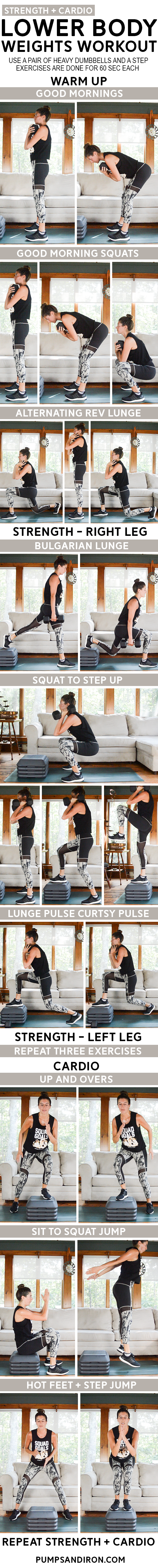 Strength + Cardio Heavy Lower Body Workout - You'll need a set of heavy dumbbells and a stepper for this lower body workout. Video included! #workout #fitness #athomeworkout https://pumpsandiron.com