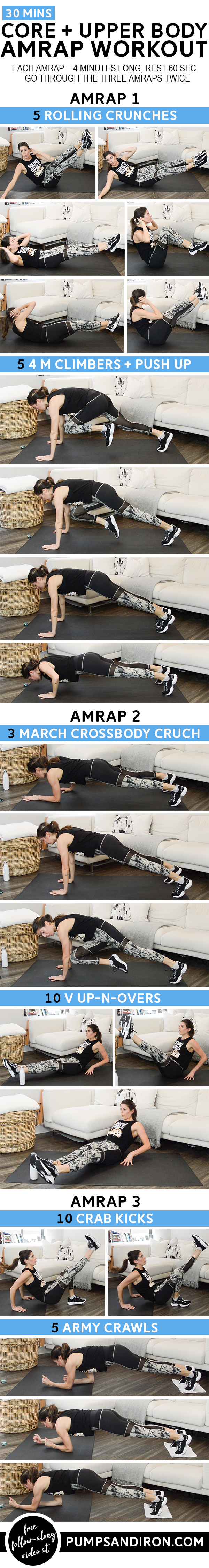 Core + Upper Body AMRAP Workout - This bodyweight workout is broken up into three 4-minute AMRAPs that target your upper body and core. #amrapworkout #workoutvideo #athomeworkout #coreworkout