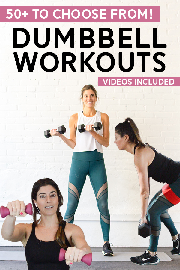 Hand Weight & Dumbbell Workouts - Over 50 free workouts using dumbbells to choose from. Videos included! #workout #workoutvideos #fitness #dumbbells 