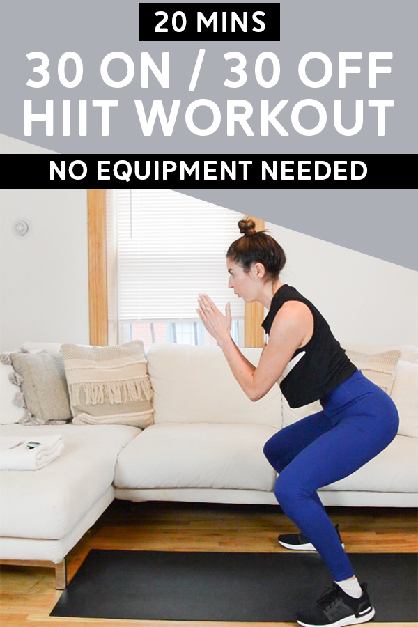 No Equipment HIIT Workout (30 On / 30 Off) - This 20-minute hiit workout uses a 30 seconds on, 30 seconds rest structure. Go through the circuit of five exercises four times. #workout #hiit #intervaltraining #bodyweightworkout #workoutvideo
