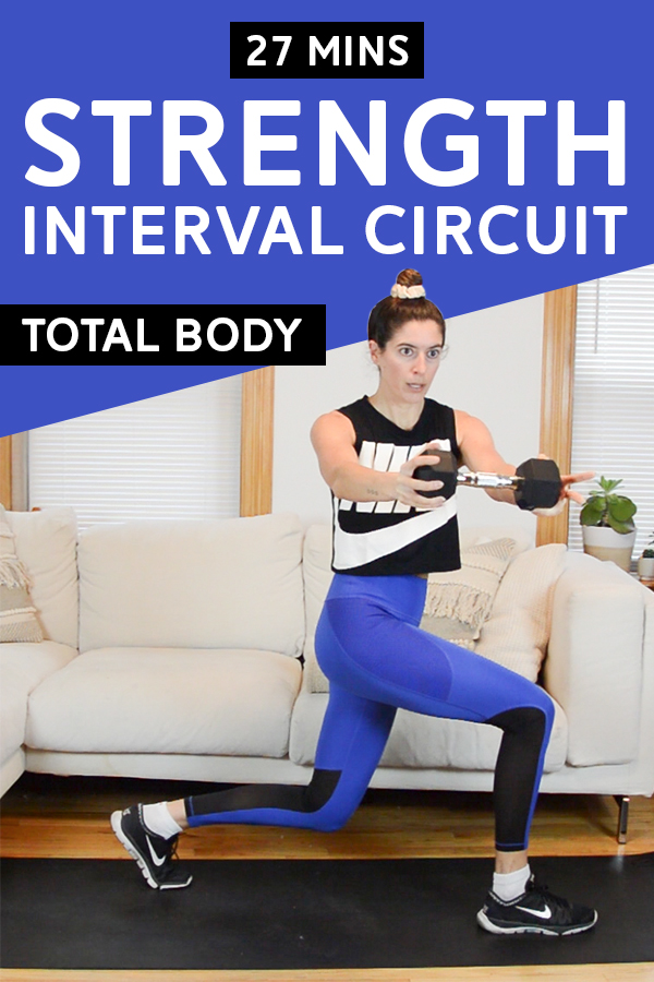 Strength Interval Circuit Workout - Total Body, No Jumping - You'll go through a circuit of six total body strength exercises four times total. You'll need a medium dumbbell and a heavy weight (dumbbell or kettlebell). Video included. #strengthtraining #totalbodyworkout #workoutvideo #workout