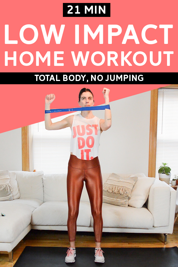 Low Impact Home Workout - Total Body, No Jumping - This total body workout is broken up into three circuits. Mix of resistance band and bodyweight exercises. No jumping means quiet and apartment-friendly. #homeworkout #athomeworkout #workout #workoutvideo