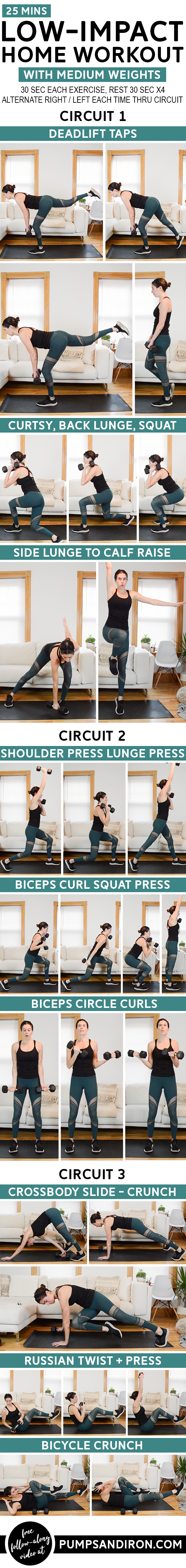 Home Workout with Weights - Total Body, Quiet - This total body low-impact workout is broken up into three circuits. All you'll need is a set of medium weights. Video included! #homeworkout #workoutvideo #lowimpactworkout #dumbbells #quietworkout