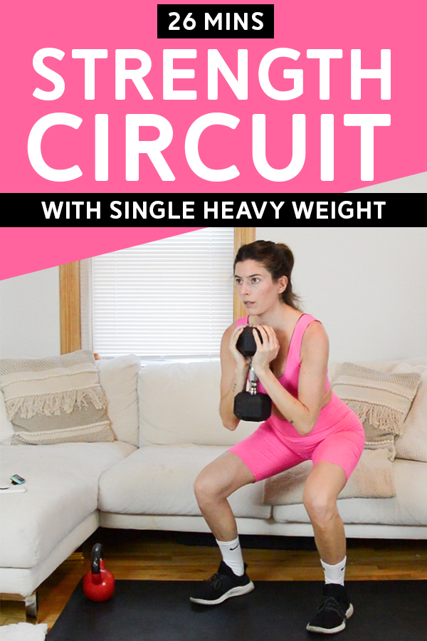 Total Body Strength Circuit with Single Heavy Weight - Grab a heavy dumbbell or kettlebell for this total body strength circuit. 40 seconds work / 20 seconds rest x4. #strengthtraining #strengthworkout #homeworkout #workoutvideo