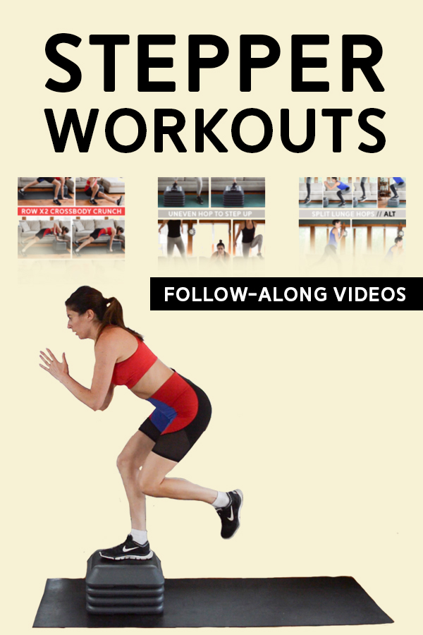 Stepper Workouts - Workouts using a stepper or step bench. Follow-along videos included! #workoutvideos #stepworkouts
