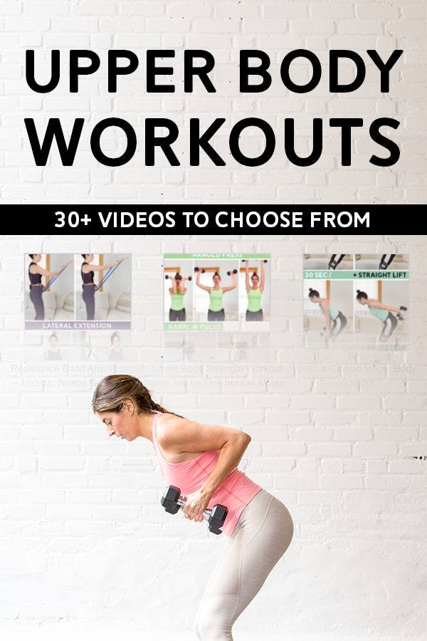 Upper Body Workouts - Over 30 videos to choose from. Minimal or no equipment required. #workoutvideos #upperbodyworkout #armworkout #shouldersworkout #backworkout #chest workout