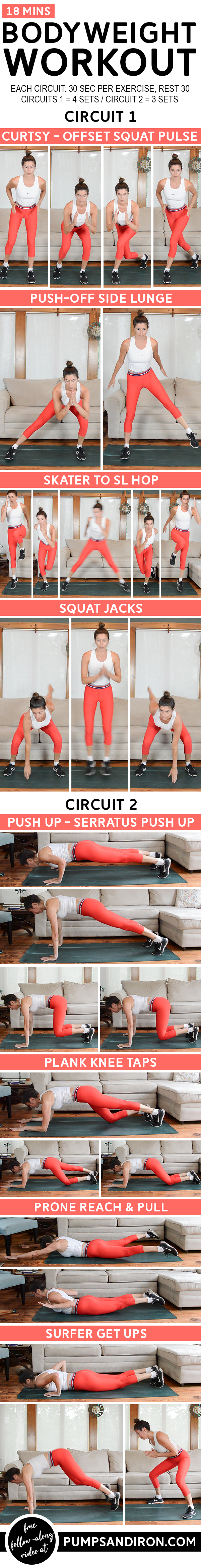18-Min Quick Bodyweight Workout - This workout is broken up into two functional circuits. Video included! #bodyweighttraining #bodyweightworkout #workout