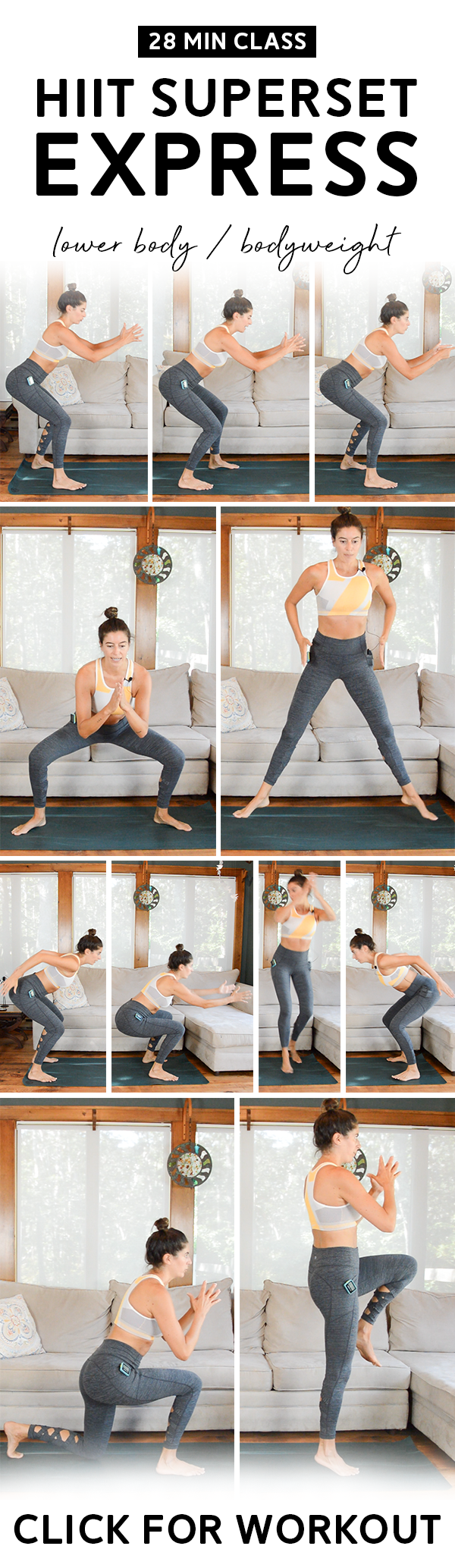 HIIT Superset Express Workout (28 Mins): Lower Body Focus | No equipment needed for this HIIT Superset class! The Express version is quicker, with three supersets instead of five. Warm up and cool down included. #hiit #intervaltraining #homeworkout