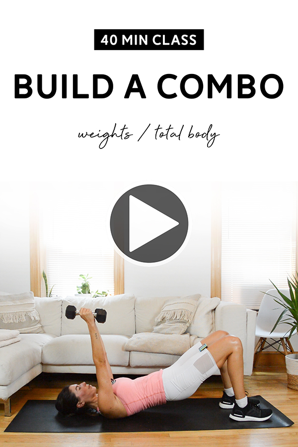 Build a Combo Class (40 Mins) - Total Body, Weights | In this class, we'll build four sequences of exercises gradually over 2-minute intervals. Pair of medium weights needed. #workout #fitness #homeworkout #strengthtraining #nicolepearce 