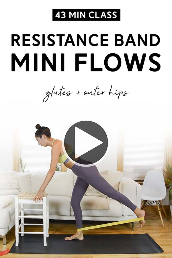 Glutes + Outer Hips Resistance Band Mini Flows Class (43 Mins) - A low-impact, joint-friendly class using a resistance band loop that focuses on glutes and outer hips. Mix of mat work and standing balance work. #resistanceband #homeworkout #workoutclass #fitness
