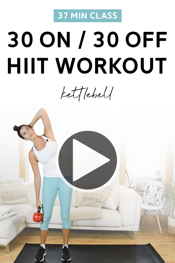 30 On / 30 Off Kettlebell HIIT Class - This free hiit workout class video includes warm up and cool down. Total body and all you need is a kettlebell. Interval structure is 30 seconds on / 30 seconds off. #kettlebell #hiit #workout