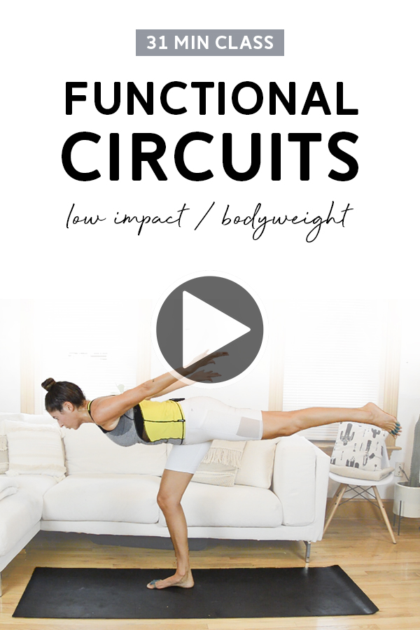 Functional Circuits Low Impact Class (31 Mins) - Bodyweight | In this total body, low impact workout class, we'll complete two circuits and incorporate exercises that challenge balance and stability. Warm up and cool down included. Video up on YouTube! #workoutvideo #lowimpactworkout #bodyweighttraining