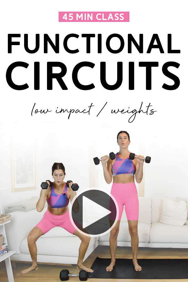 Functional Circuits Total Body Class (45 Mins) - Low Impact, Weights | In this 45 minute Functional Circuits class, we'll go through three circuits of strength exercises and bodyweight exercises. Full video available for free on YouTube and includes guided warm up and cool down. #lowimpactworkout #homeworkout #workoutvideo #fitness