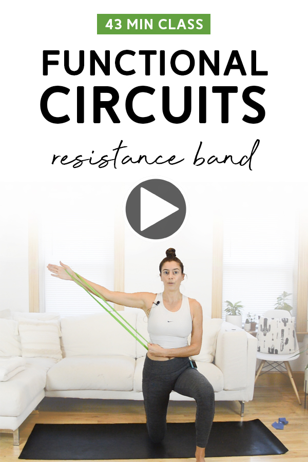Functional Resistance Band Circuits Workout Class (43 Mins) - This workout is broken up into three circuits using a resistance band loop. Total body workout with warm up and cool down included. Free video is up for all on YouTube! #resistanceband #bandworkout #circuitworkout
