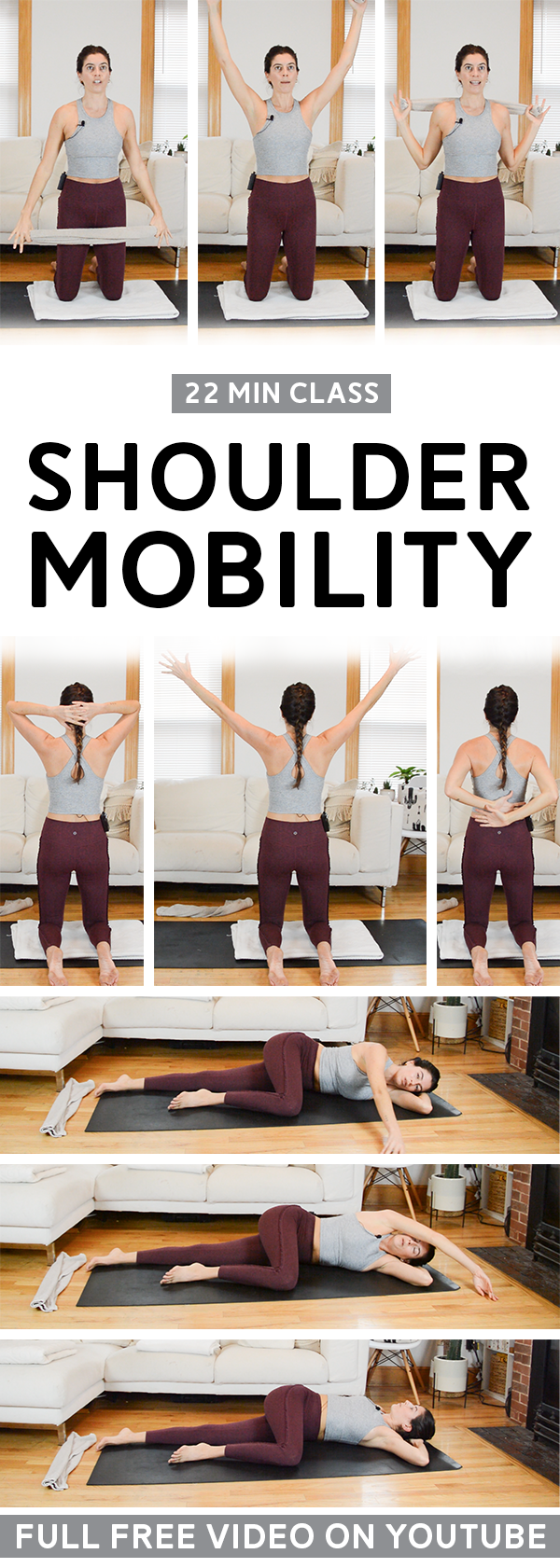 Shoulder Mobility (22 Min Class) - Grab a dish towel or yoga strap for this shoulder mobility workout class. Full free video available on YouTube. #shouldermobility #mobility #shoulderexercises