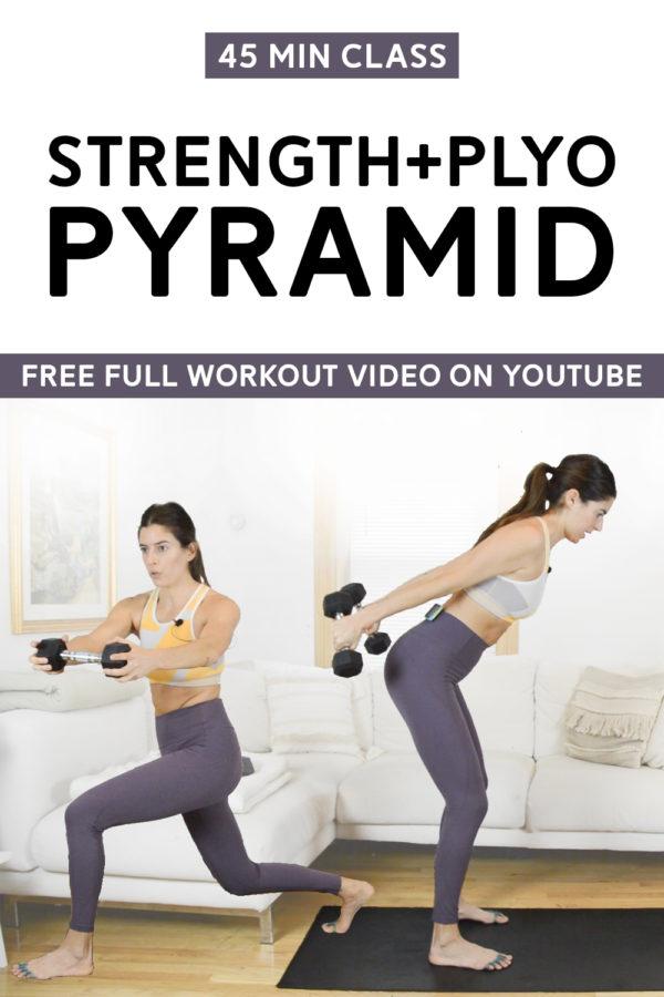 Strength + Plyo Workout Pyramid (45 Min Class) - This workout class mixes dumbbell strength exercises with bodyweight plyometric exercises. Pyramid structure so the intervals get shorter as you go! Full free video includes warm up and cool down. #plyoworkout #strengthworkout #plyometric #workoutvideo #fitness